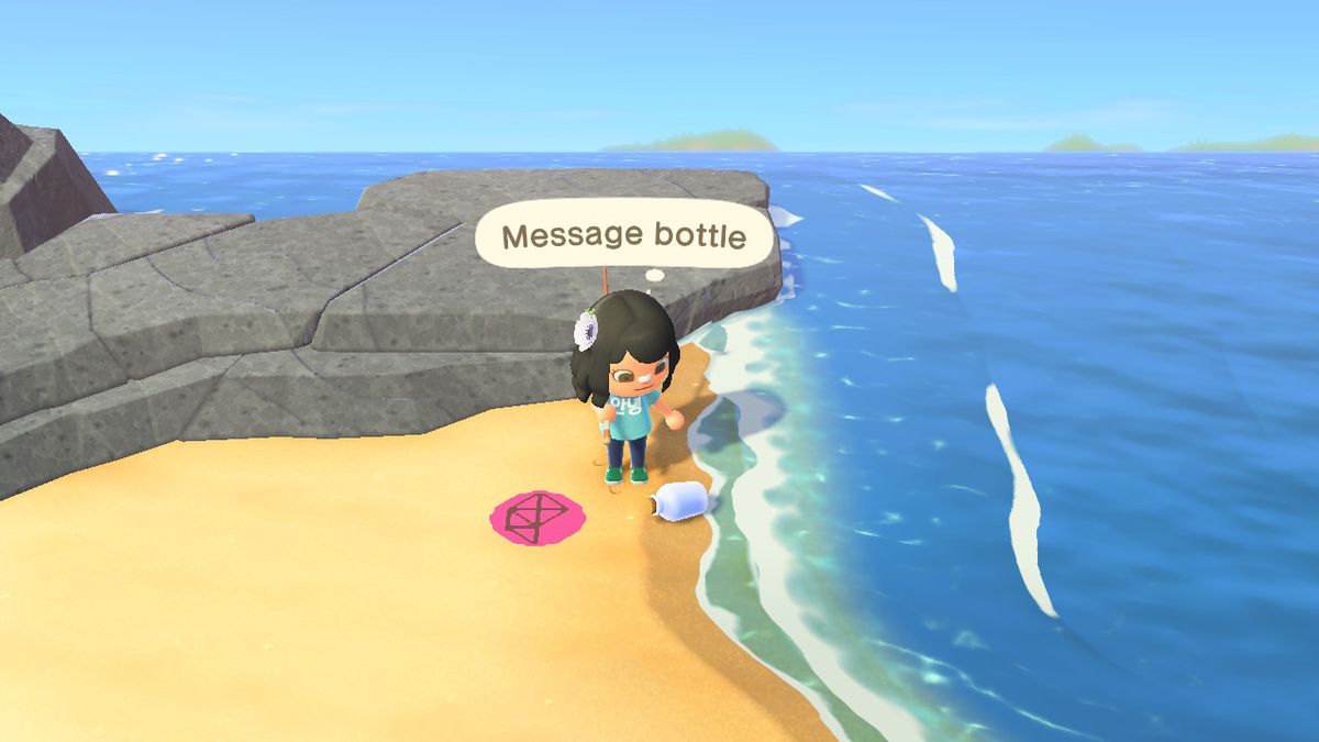 A bottled message sits on the shore while a villager stares at it