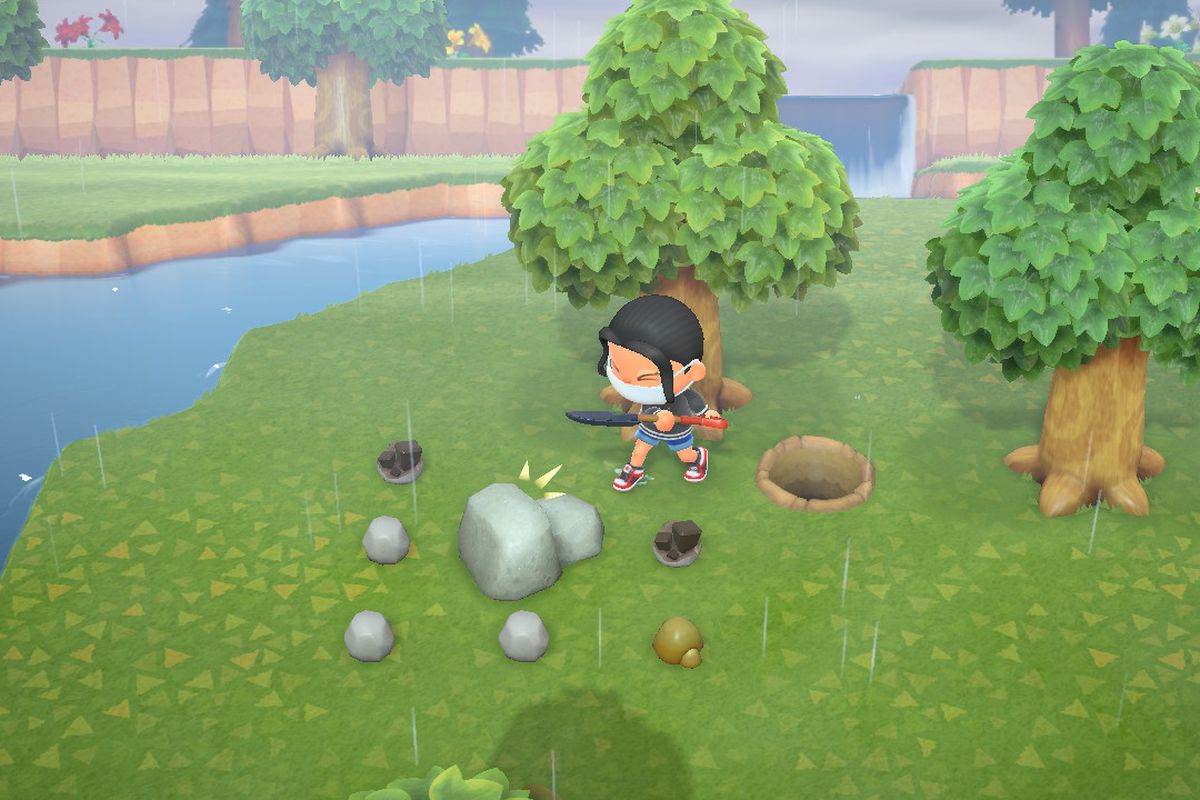 An Animal Crossing villager hits a rock, making rocks and ore pop out