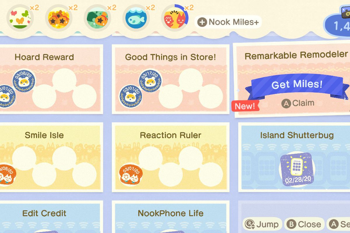 A menu screen of many of the Nook Mileage tasks, most with stamps filled in