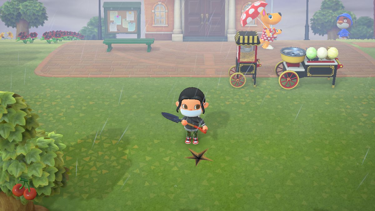 A star on the ground indicates that something is buried there, while a character holds a shovel behind the star