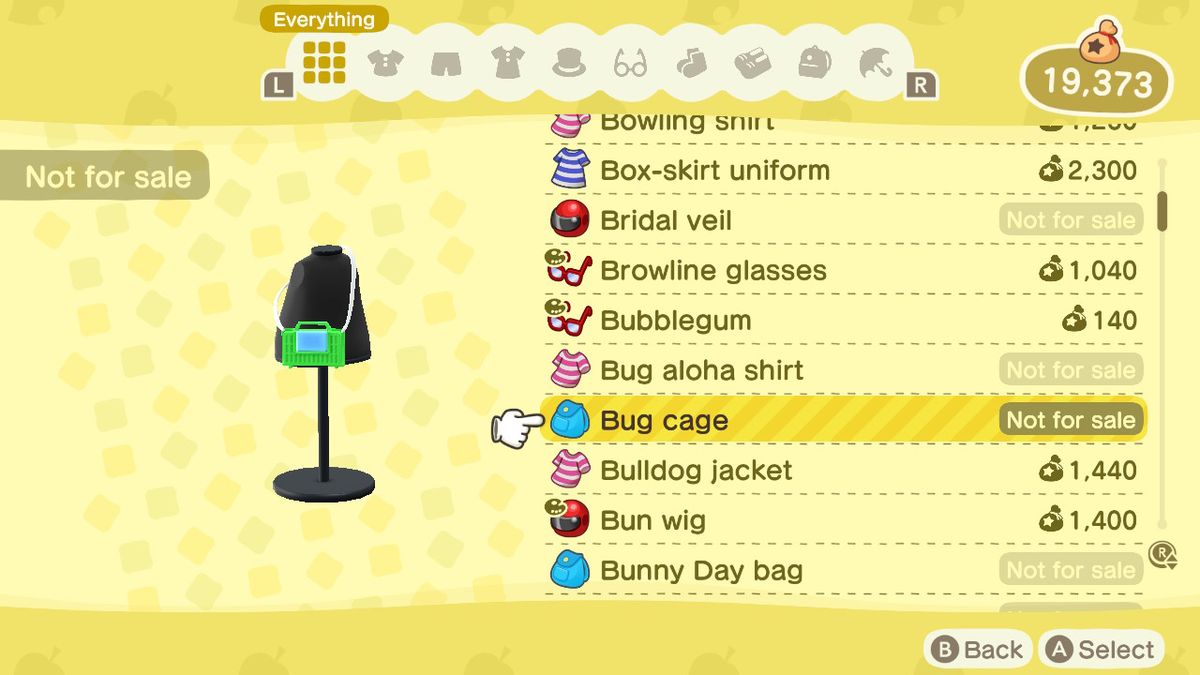 An Animal Crossing: New Horizons shop menu for a Bug Cage