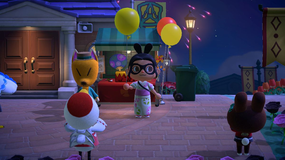 An Animal Crossing character holds a Yellow Balloon