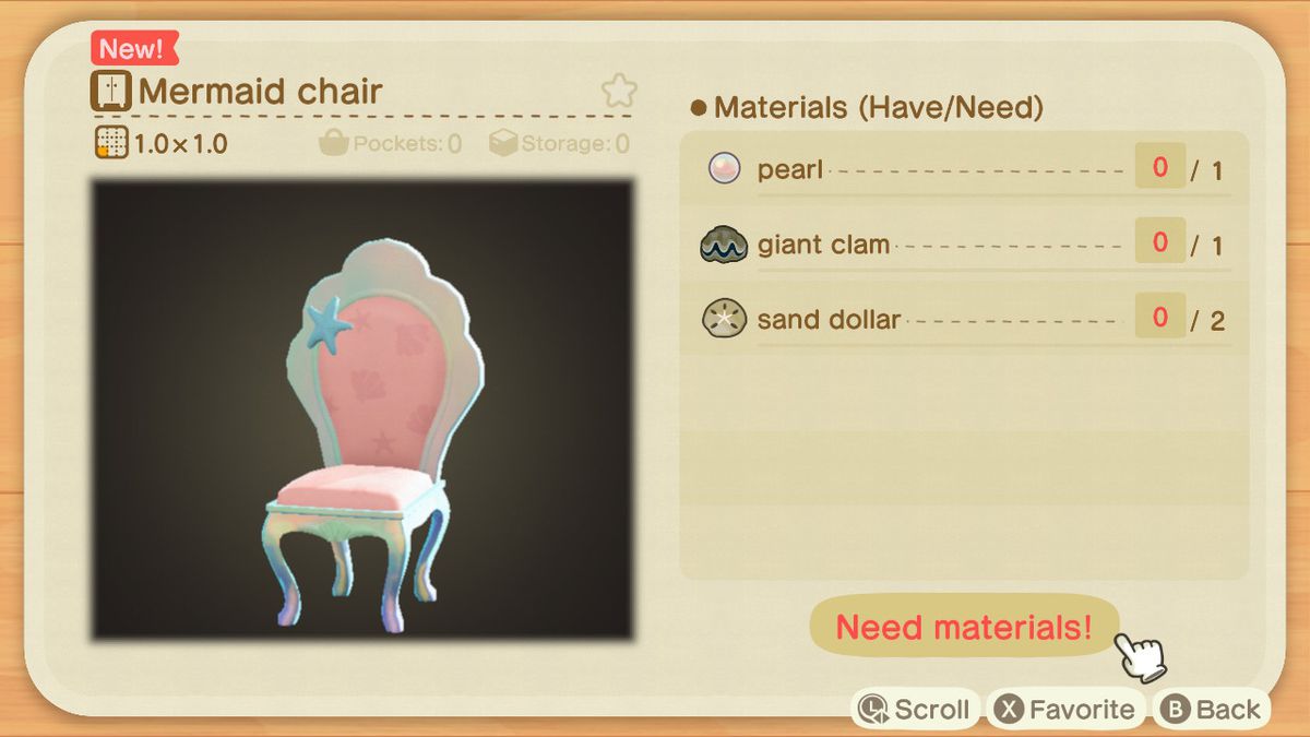 An Animal Crossing recipe for a Mermaid Chair