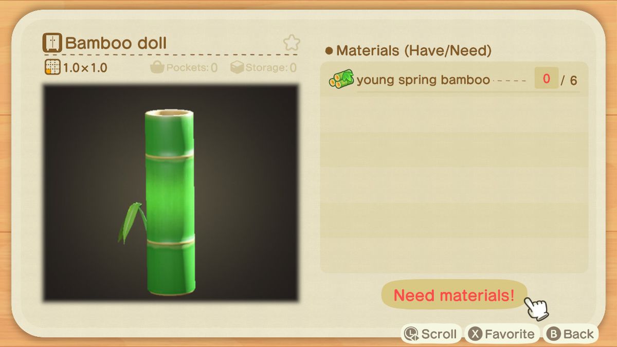 An Animal Crossing crafting screen for a Bamboo Doll
