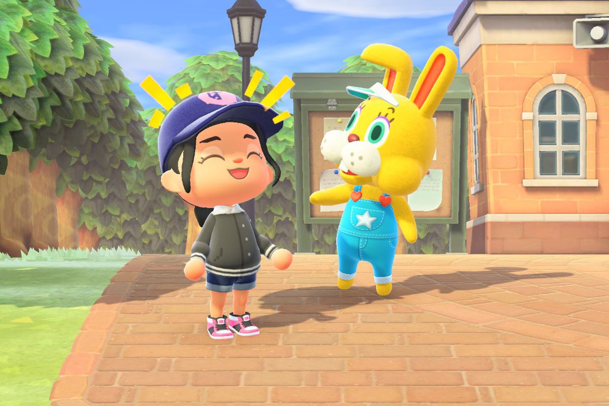 An Animal Crossing laughs alongside a jumping yellow bunny in overalls