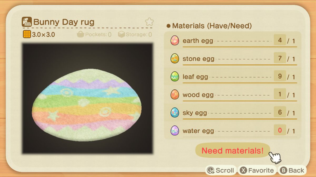 A crafting screen in Animal Crossing showing how to make a Bunny Day Rug