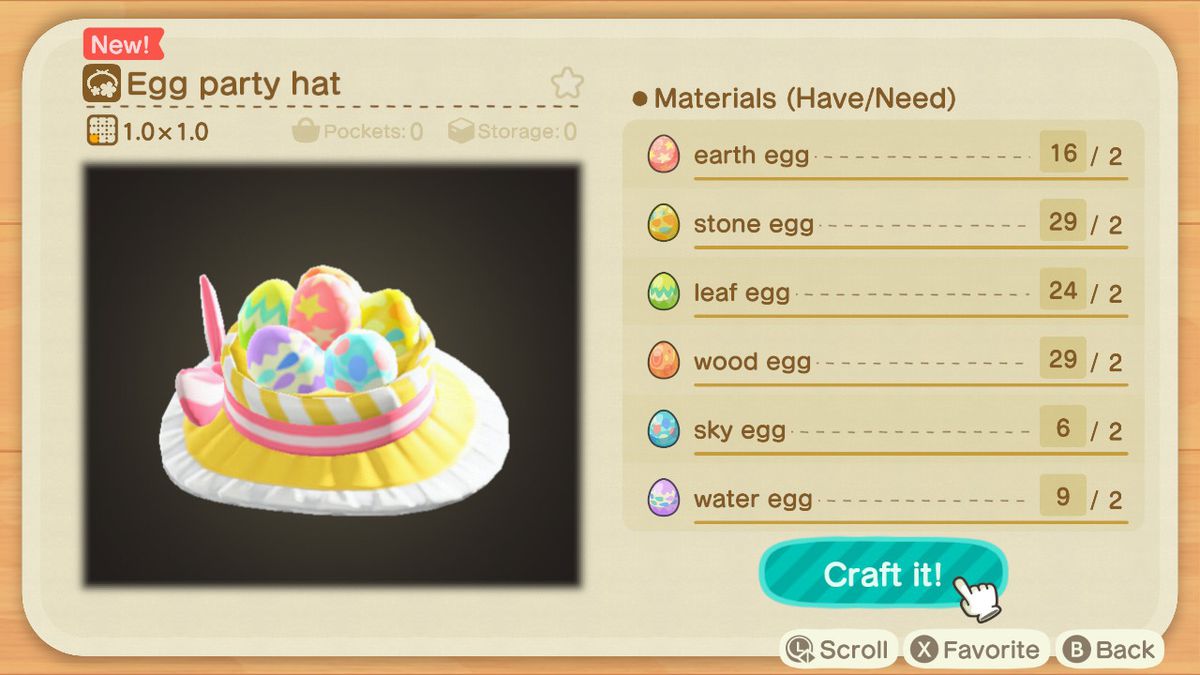 A crafting screen in Animal Crossing showing how to make an Egg Party Hat
