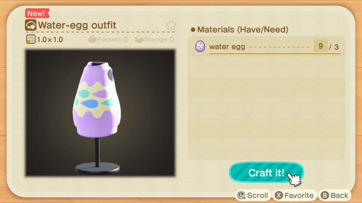 A crafting screen in Animal Crossing showing how to make a Water-Egg Outfit