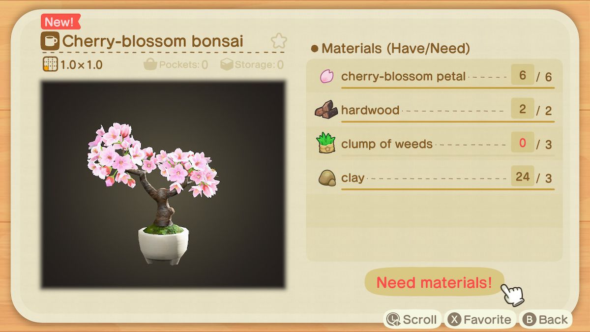 An Animal Crossing: New Horizons recipe for a Cherry-blossom bonsai