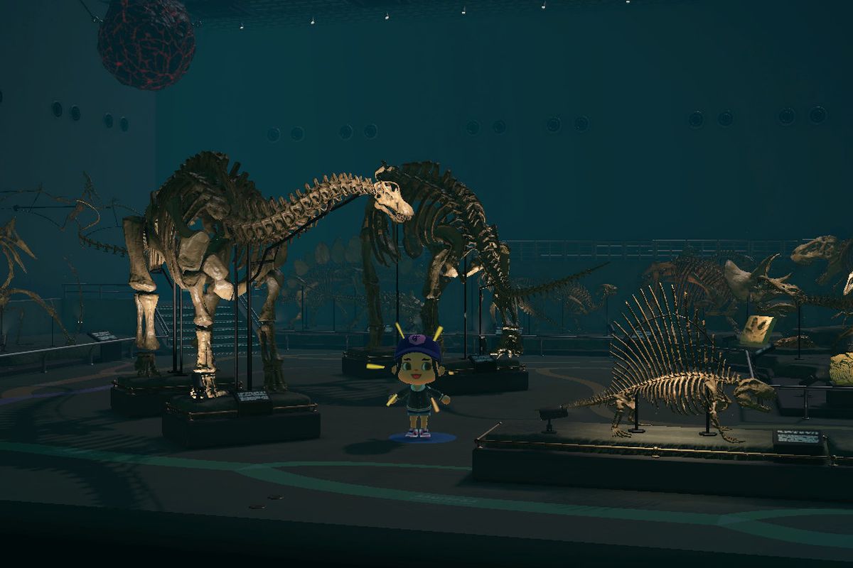 An Animal Crossing character cheers while surrounded by a ton of dinosaur fossils
