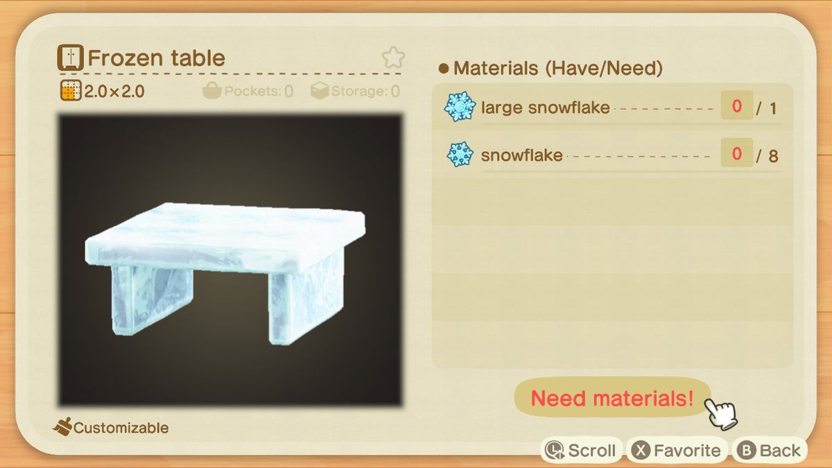 An Animal Crossing recipe for a Frozen Table