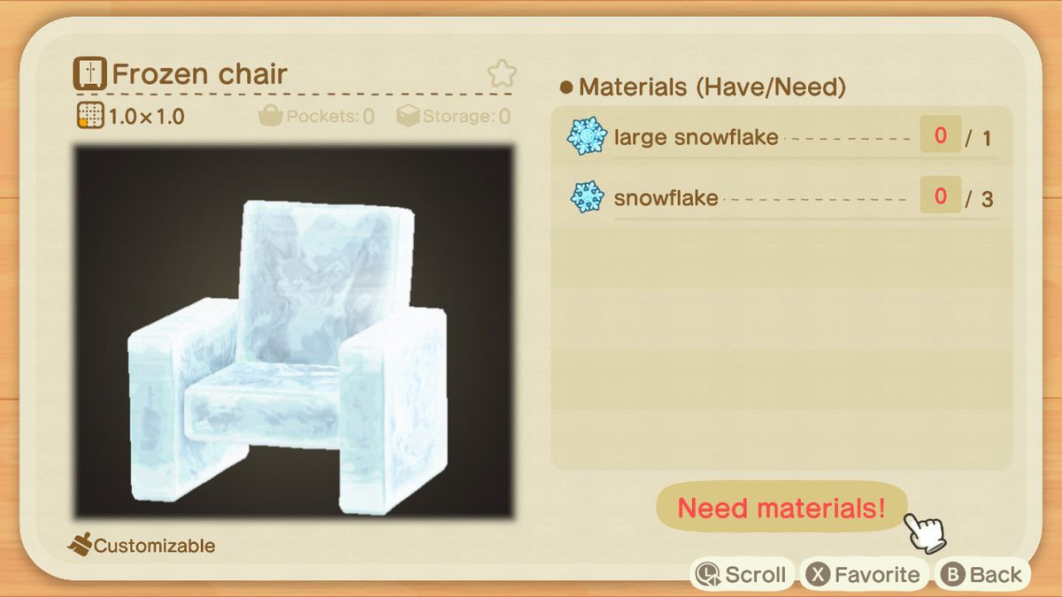 An Animal Crossing recipe for a Frozen Chair
