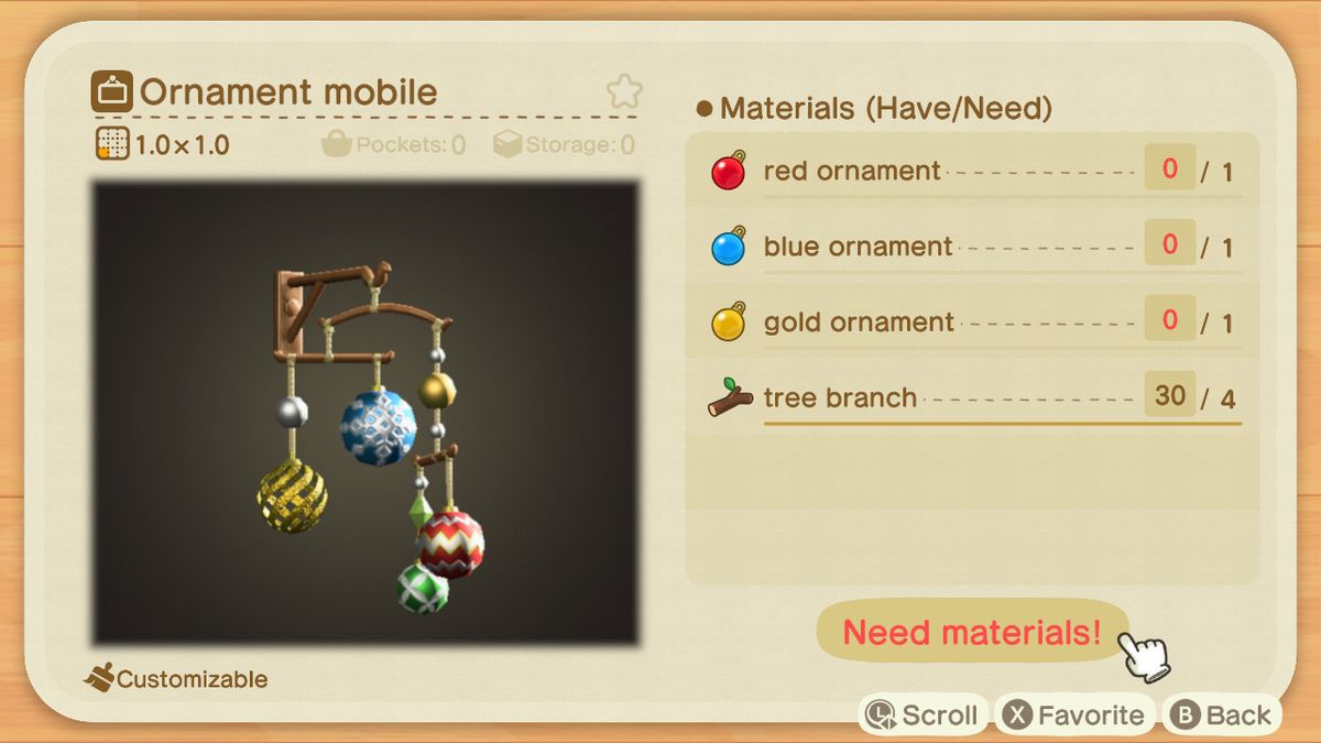 An Animal Crossing recipe for an Ornament Mobile