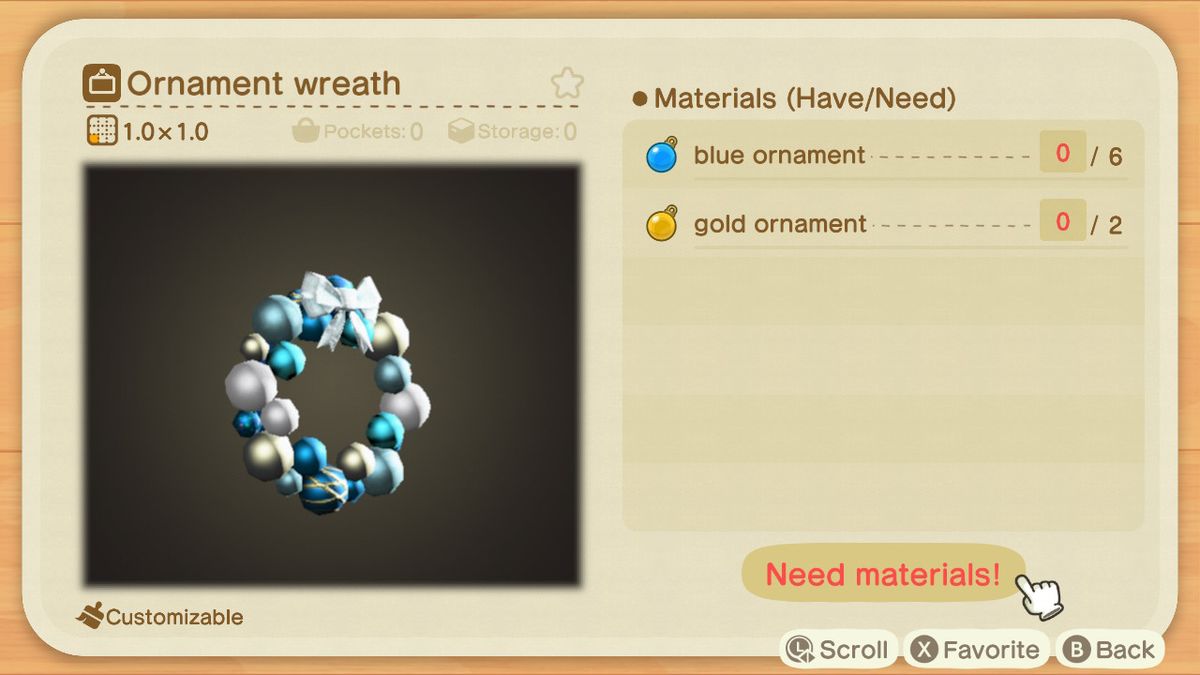 An Animal Crossing recipe for an Ornament Wreath
